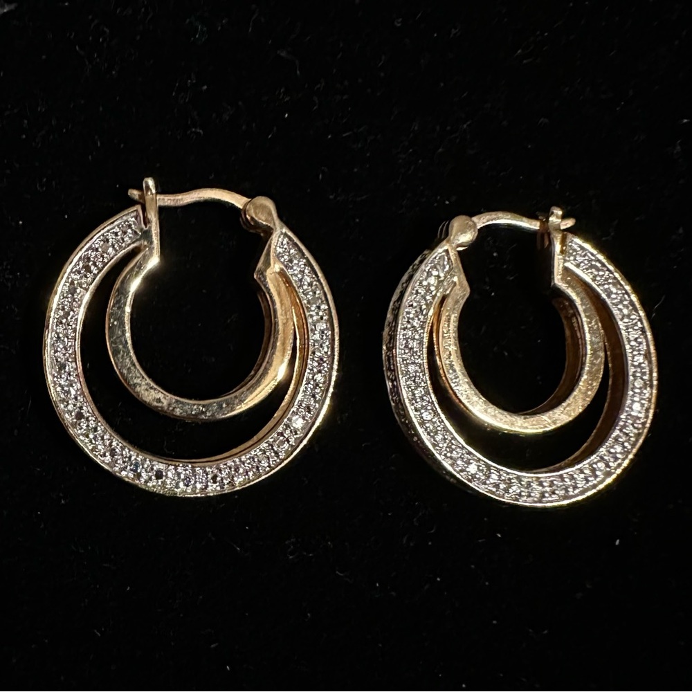 Sterling Silver W/‎ Gold Wash Double Hoop Earrings Diamond Chip